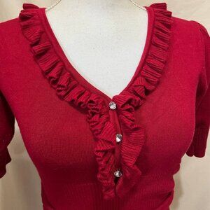 Cherry Red V Neck Sweater ~ 1990's ~ Short Sleeves ~ Pullover with Sash ~ Size M